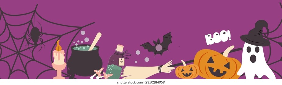 Vector seamless Halloween holiday long banner. Witch hat, broom, cauldron, Jack latern or pumpkin, web and spider, ghost, boo, candle, poison, mushroom and bat.