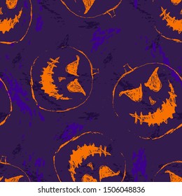 Vector seamless Halloween pattern. Abstract background with scary pumpkins, ghosts, orange silhouettes scattered on purple backdrop. Grunge style graphic texture. Funny scary design for kids, decor
