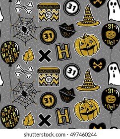 Vector seamless Halloween pattern. Beautiful vector background in sketch style for decoration halloween designs. Pumpkin, ghost, gift, balloons, bones, spider. Cartoon repeat backdrop.