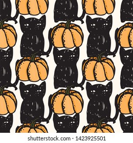 vector seamless halloween pattern with black cats and pumpkins