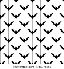 Vector seamless halloween pattern. Black and white icons bats on stripes. Perfect for greeting card, gift box and fabric. Isolated on white.