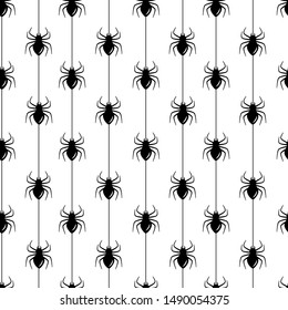 Vector seamless halloween pattern. Black and white icons spiders on stripes. Holiday design for greeting card, gift box, fabric, web design. Isolated on white.