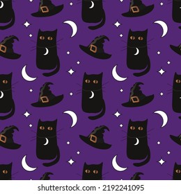 vector seamless halloween pattern with black cats, witch hats and stars