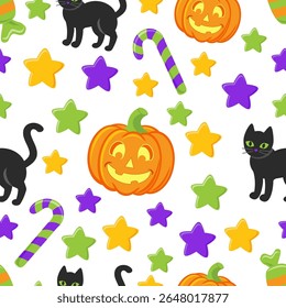 Vector seamless halloween pattern with black cat and stars