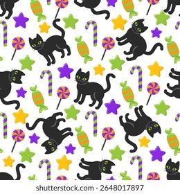 Vector seamless Halloween pattern with black witch hat with yellow and purple stars