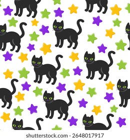 Vector seamless halloween pattern with black cat and stars