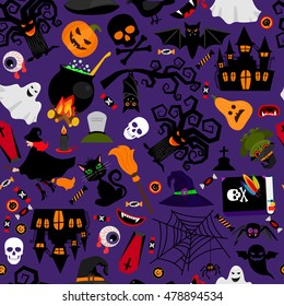 Vector seamless halloween pattern with cat and broom, old castle and spider