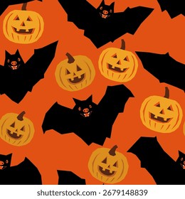 Vektor nahtloses Halloween Muster mit niedlichen Fledermäusen und Kürbissen