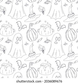 Vector seamless Halloween pattern. Doodle cartoon icons of ghosts, witch accessories, pumpkin and spider in outline style.