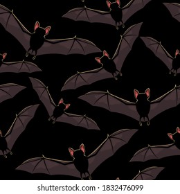 Vector seamless halloween pattern with flying bat in the moonlight