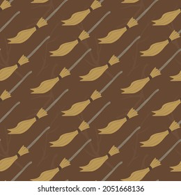 Vector seamless halloween pattern with flying broom on brown background. Perfect backdrop for fabric, packaging, textile, wallpaper, backdrop