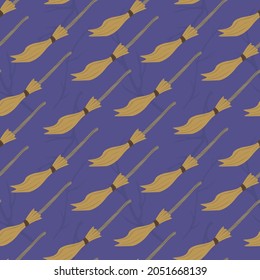 Vector seamless halloween pattern with flying broom on purple background. Perfect backdrop for fabric, packaging, textile, wallpaper, backdrop