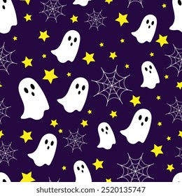 Vector seamless Halloween pattern with ghost and spider web on purple background