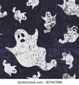 Vector seamless halloween pattern with ghosts. Grunge style, shabby street art imitation. Vintage old paper texture.