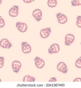 Vector seamless Halloween pattern, great design for fabric, paper, holiday decorations. Pastel background with pumpkins. Minimalist hand drawn illustration in pink and blue colors. Agriculture symbol.