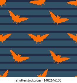 Vector seamless Halloween pattern with hand draw silhouette of orange bats on dark blue background with stripes for wrapping, textile or packaging