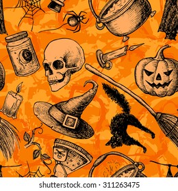Vector seamless Halloween pattern. Hand drawn vintage illustration