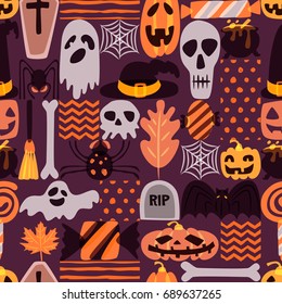 Vector seamless Halloween pattern with hand drawn doodle pumpkin, skull, witch hat, bones, candies, spider, ghost, broom, cauldron. Design for holiday textile prints, wrapping and backgrounds.