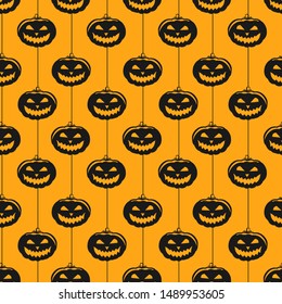 Vector seamless halloween pattern. Icons scary pumpkins on stripes. Simple holiday design for greeting card, gift box, fabric, web design.