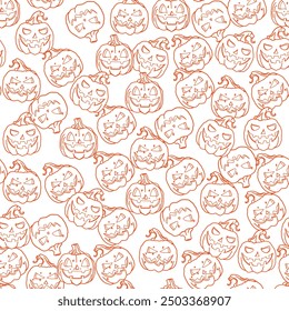 Vector seamless Halloween pattern. Illustration of Halloween celebration. Black pumpkin, bats, ghosts, and pumpkins. Vector cartoon.