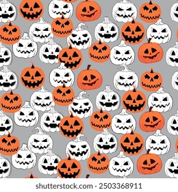 Vector seamless Halloween pattern. Illustration of Halloween celebration. Black pumpkin, bats, ghosts, and pumpkins. Vector cartoon.
