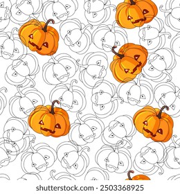 Vector seamless Halloween pattern. Illustration of Halloween celebration. Black pumpkin, bats, ghosts, and pumpkins. Vector cartoon.