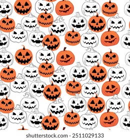 Vector seamless Halloween pattern. Illustration of Halloween celebration. Black pumpkin, bats, ghosts, and pumpkins. Vector cartoon.
