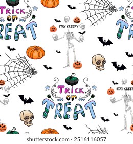 Vector seamless Halloween pattern. Illustration of Halloween celebration. Black pumpkin, bats, ghosts, and pumpkins. Vector cartoon.