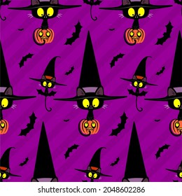 Vector seamless Halloween pattern made up of bats and funny black kittens in huge pointy witch hats, all on purple background.
