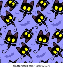 Vector seamless Halloween pattern made up of bats and funny flying black kittens with wings on a blue background.