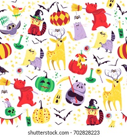 Vector seamless Halloween pattern with magic traditional elements isolated - witch hat, pumpkin, bat, stars, spooky, lettering etc. Good for advertising, media, cards design, packaging paper. 