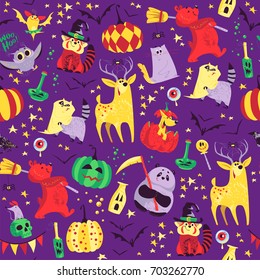 Vector seamless Halloween pattern with magic traditional elements isolated on purple background - witch hat, pumpkin, bat, stars, spooky etc. Good for advertising, media, cards design, packaging paper