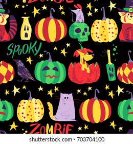 Vector seamless Halloween pattern with magic traditional elements isolated on black background - panda bear in witch hat, pumpkin, stars, lettering. Advertising, media, cards design, packaging paper. 