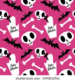 Vector seamless halloween pattern with monsters, skull, bat, headstone for fabrics, paper, textile, gift wrap isolated on pink background