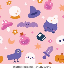 Vector Seamless Halloween Pattern with mystical and cute elements.