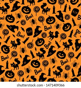 Vector seamless Halloween pattern on orange background