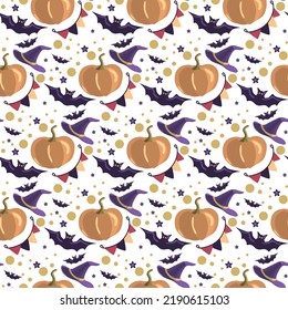 Vector seamless Halloween pattern on a white background. Pattern with pumpkin, witch hat, bat and garland