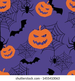 A vector seamless Halloween pattern with orange pumpkins and black bats, spiders and cobwebs.