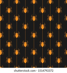 Vector seamless halloween pattern. Orange icons spiders with stripes on black background. Holiday design for greeting card, gift box, fabric, web design.