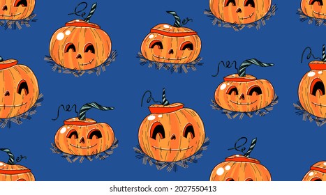 vector seamless halloween pattern. orange pumpkins with eyes and a smile on a blue background.