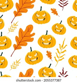 Vector seamless Halloween pattern with orange pumpkins and autumn leaves on white background. Seamless pattern for Halloween theme. Suits for Decorative Paper, Packaging, Covers, Gift Wrap, etc.
