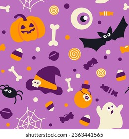 Vektor nahtloses Halloween-Muster mit orangefarbenen Lächeln leckeren Kürbissen. Feiertagshintergrund für die Umhüllung von Papier, Vektorgrafik