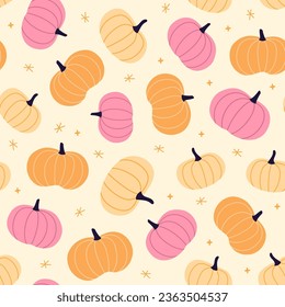 Vector seamless Halloween pattern with orange smiling spooky pumpkins. Holiday background for wrapping paper vector illustration