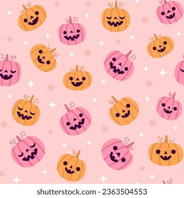 Vektor nahtloses Halloween-Muster mit orangefarbenen Lächeln leckeren Kürbissen. Feiertagshintergrund für die Umhüllung von Papier, Vektorgrafik