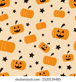 Vector seamless Halloween pattern with orange pumpkins with smiles