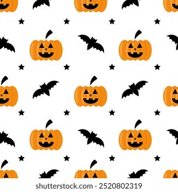 Vector seamless Halloween pattern with orange pumpkin and black bat