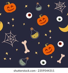 Vector seamless Halloween pattern with pumpkin, eyes, stars, moon, bones, web and bottles with poison on dark background
