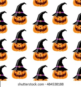 Vector seamless Halloween pattern. Halloween pumpkin background. Halloween pumpkin in a witch hat.  Vector illustration.