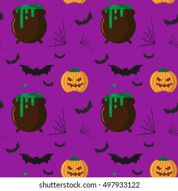 Vector seamless Halloween pattern with pumpkin, witch cauldron boiling the potion, bats and spider web. For party poster, scrapbook, digital paper, textile print, page fill. Flat cartoon illustration