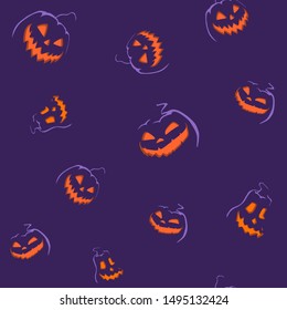 Vector Seamless Halloween Pattern with pumpkins, bats and bones. Scary pumpkins. Decorating for the holidays, autumn decor, children's drawing, scribble